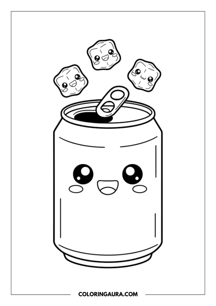 Line art coloring page showing an open kawaii soda can with a wide, happy smile and big sparkling eyes. Three tiny, cheerful kawaii ice cubes with their own adorable little faces are playfully jumping out of the top. Clean black and white vector outlines.