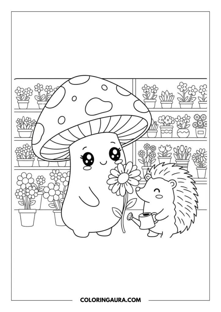 Outline of a cute mushroom character with big sparkle eyes holding a large beautiful flower, standing next to a sweet little hedgehog holding a watering can inside a cozy plant and flower shop.