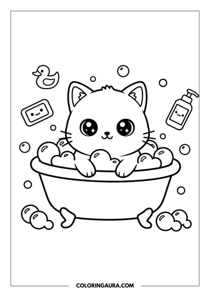 Line art coloring page showing a happy little kitten taking a bubble bath in a cute tub. Floating around are simple soap bubbles, a rubber duck, and smiling bath bottles in a bold outline style.