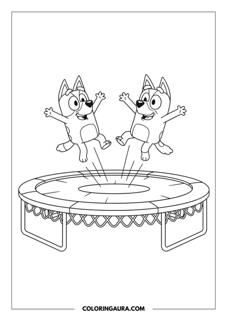 Line art coloring page showing Bluey and Bingo happily bouncing high into the air above a large backyard trampoline. Their arms are raised in pure joy in this crisp, unshaded drawing, offering a beautiful, floating canvas for your imagination.