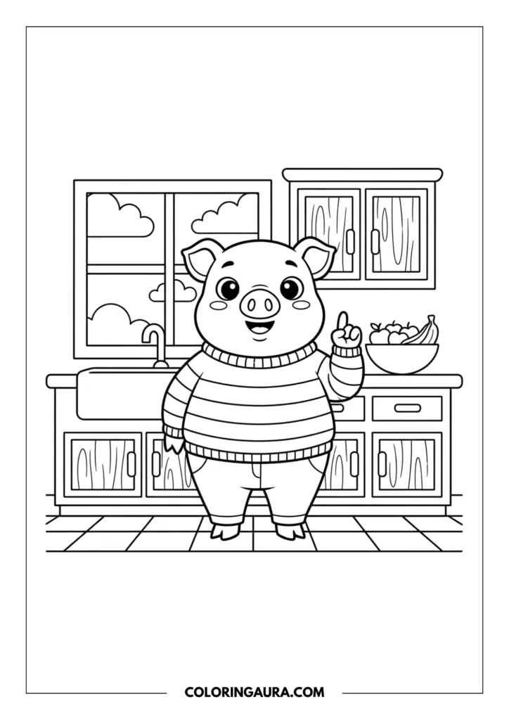 Outline of a cute cartoon pig standing in a cozy kitchen, pointing a finger up with a happy expression. The cheerful pig is wearing a striped sweater and pants, standing next to a bowl of fresh fruit with apples and bananas on the counter by a window.