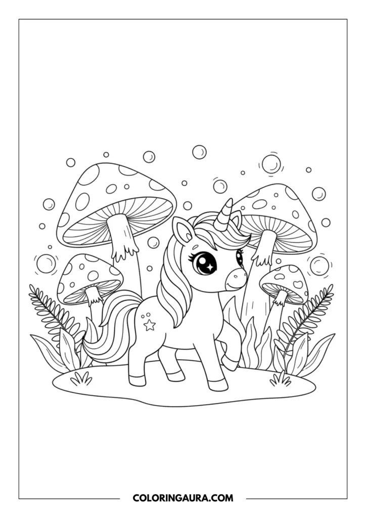 Outline of a cute baby unicorn with big sparkly eyes exploring a whimsical forest. The dreamy scene is filled with giant mushrooms, detailed ferns, and floating magical bubbles, all drawn in a crisp, black-and-white style perfect for coloring.