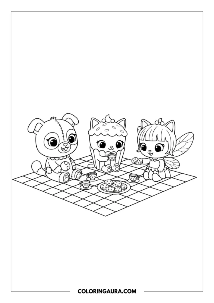 Outline of Pandy Paws, Cakey Cat, and Kitty Fairy from Gabby's Dollhouse enjoying a cozy tea party. They are sitting together on a classic checkered picnic blanket, surrounded by tiny teacups and a large plate full of delicious cookies. The crisp, simple lines perfectly capture this joyful gathering.