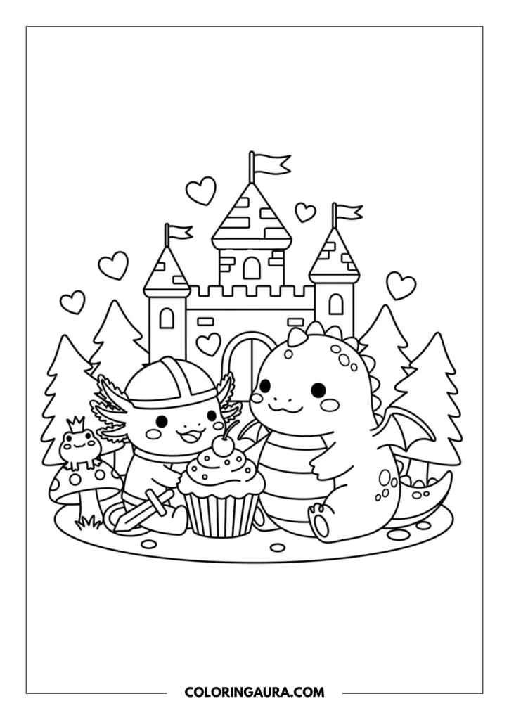 Line art coloring page showing a cute axolotl wearing a knight's helmet and holding a small wooden sword, sharing a giant, delicious cupcake with a friendly, chubby baby dragon. A tiny frog wearing a little royal crown sits on a spotted mushroom nearby. The background is filled with a magical toy-like castle, pine trees, and floating hearts. Clean, thick outlines in a simple kawaii style.