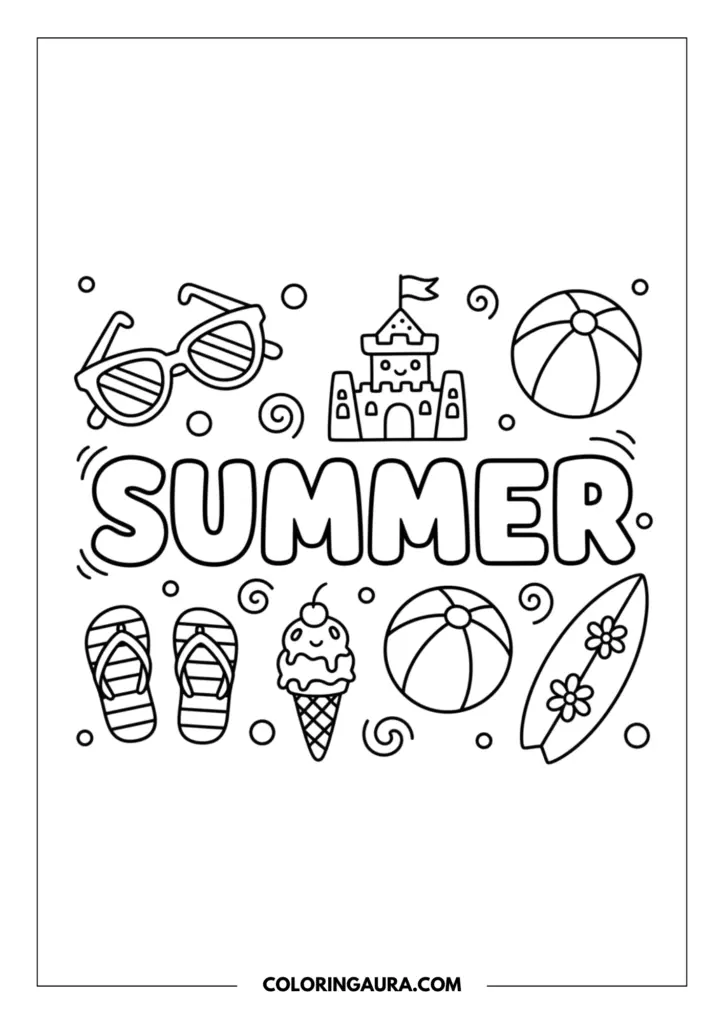 Outline of a bright summer doodle collage. The word "SUMMER" sits in the middle in playful bubble letters, surrounded by simple line art of stylish sunglasses, a cute sandcastle, a beach ball, flip-flops, a smiling ice cream cone with a cherry on top, and a floral surfboard.