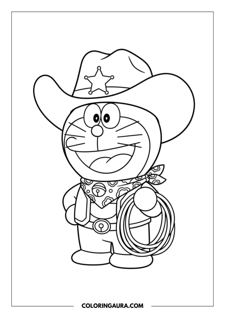 Outline of Doraemon dressed in a fun cowboy outfit, wearing a large sheriff hat adorned with a star, a patterned bandana around his neck, a little vest, and holding a coiled lasso rope. Clean, unshaded line art ready to be brought to life.