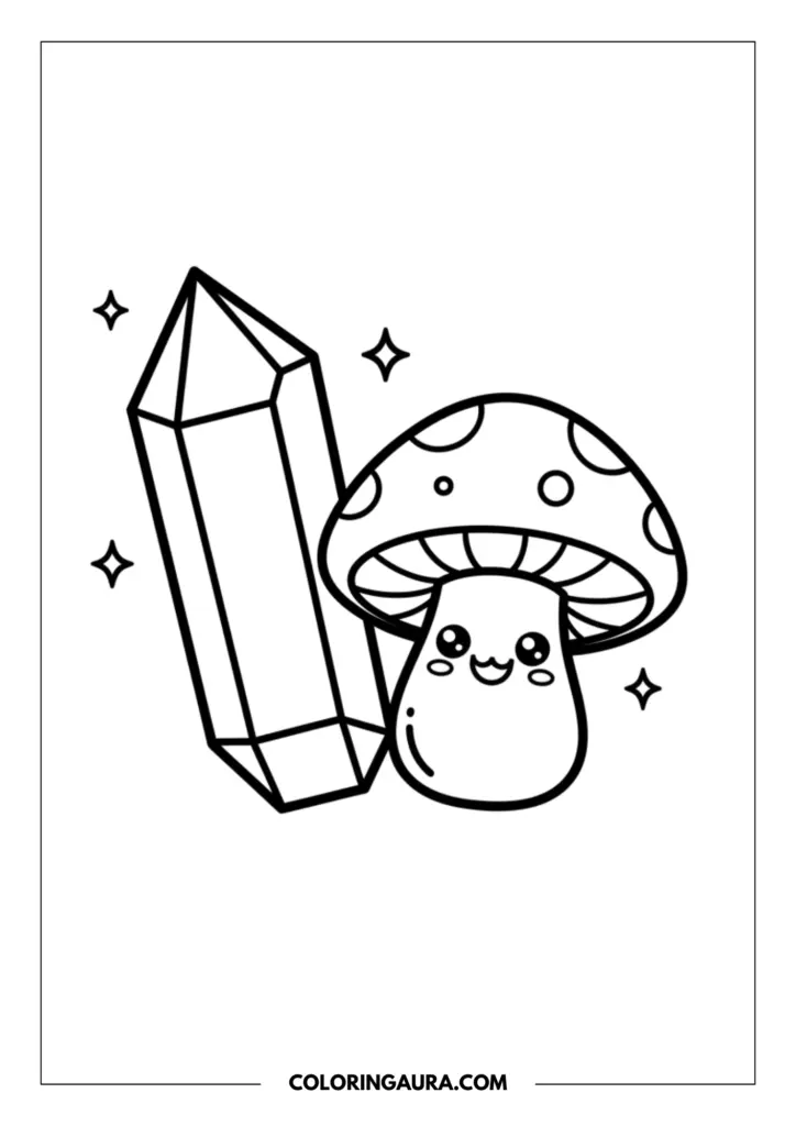 Outline of a cute, spotted kawaii mushroom with a happy face sitting next to a tall, faceted magical crystal surrounded by floating stars.