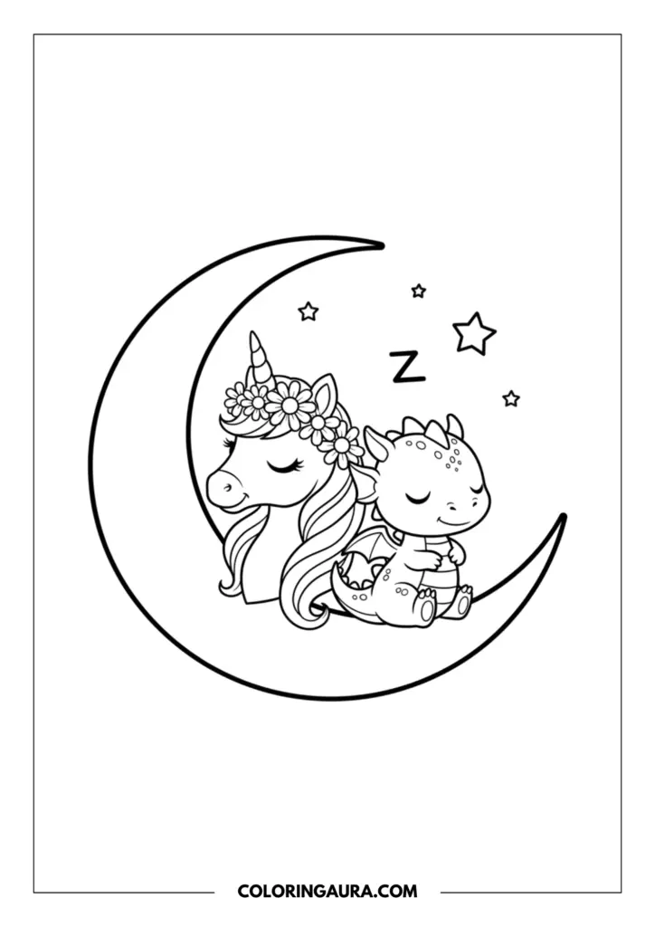 Line art coloring page showing a baby unicorn with a flower crown and a small dragon sleeping back-to-back on a giant crescent moon under a starry sky.