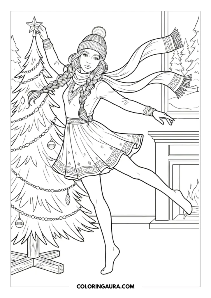 Fun Christmas coloring pages featuring a girl decorating her tree by the warm fireplace to print and color. Share your light with ColoringAura.