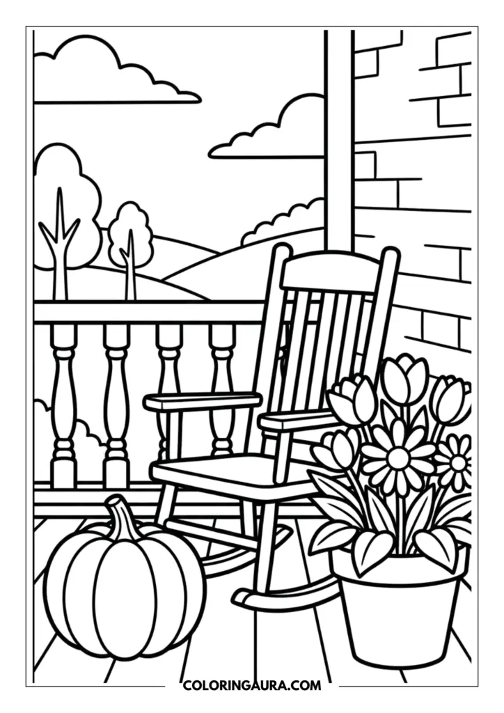 Outline of a peaceful front porch featuring a wooden rocking chair, a large harvest pumpkin, and a pot of blooming flowers overlooking rolling hills.