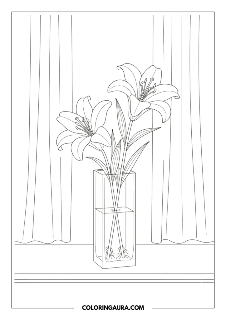 Line art coloring page showing two elegant lilies with long stems and visible roots in a tall rectangular glass vase, set in front of soft, vertical window curtains.