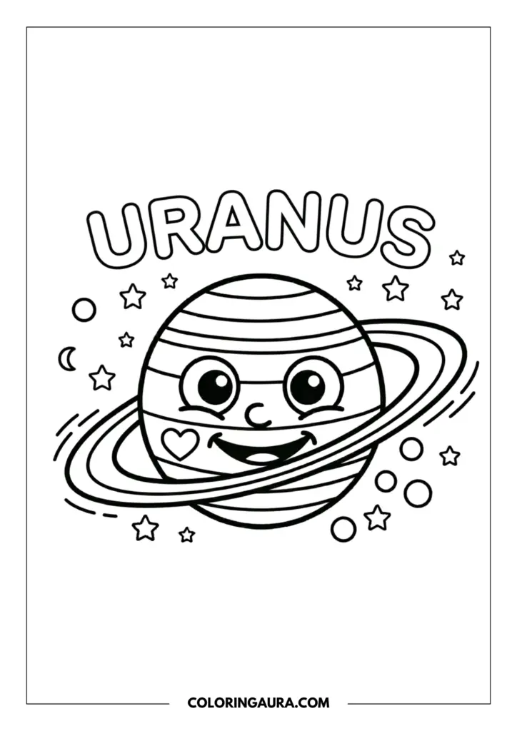Line art coloring page showing the planet Uranus tilted on its side with cosmic rings, a joyful face, and a tiny heart on its surface, surrounded by stars.