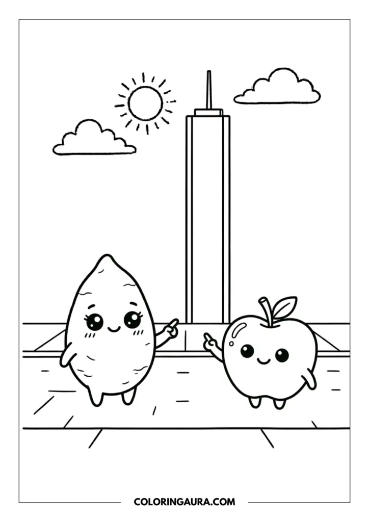 Line art coloring page showing a cute sweet potato with big sparkly kawaii eyes, and an apple friend, both pointing up at a very tall skyscraper in a city. A sun and clouds are in the sky above. CAPTION: Sweet Potato and Apple Skyscraper Coloring Page.