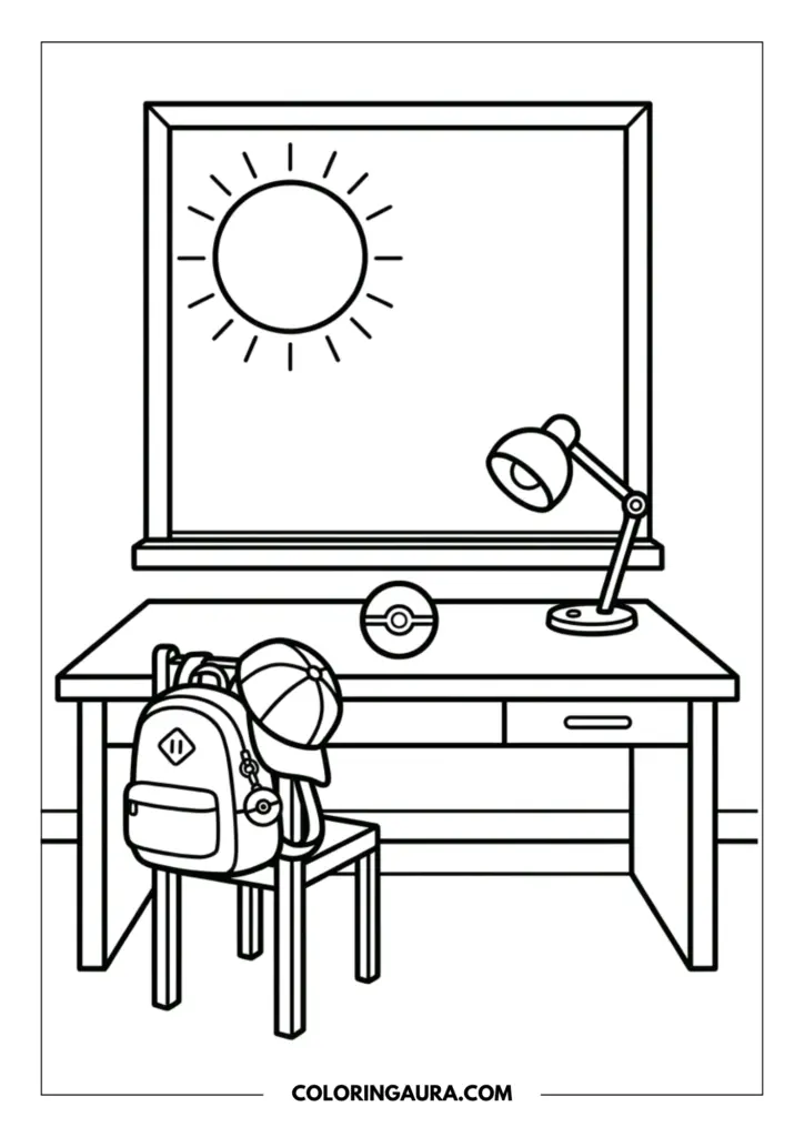Outline of a Pokemon trainer's room showing a desk with a Pokeball and lamp, a chair with a backpack and iconic hat, and a window revealing a bright morning sun.