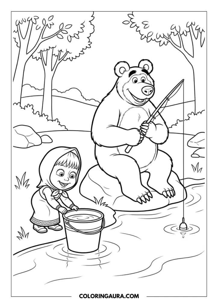 Line art coloring page showing a friendly bear sitting on a rock by the river with a fishing rod. Beside him, Masha is wearing her headscarf and looking curiously into a metal bucket on the grassy bank.