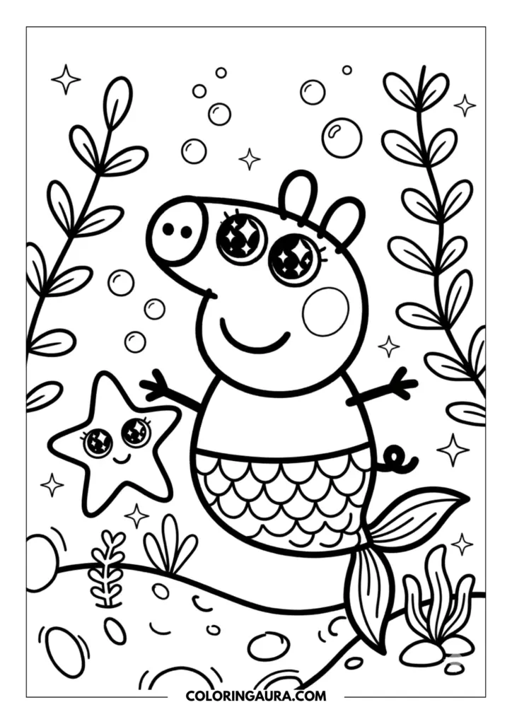Line art coloring page showing Peppa Pig as a mermaid with a scaly tail swimming underwater with a smiling starfish, bubbles, and tall seaweed.