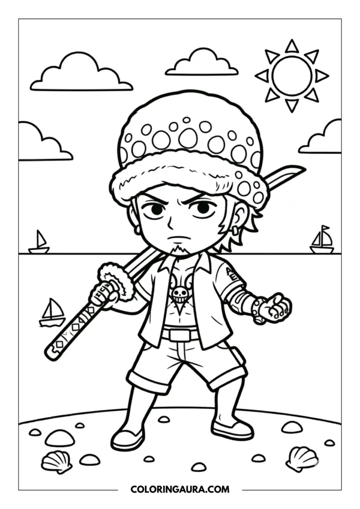 Line art coloring page showing chibi Trafalgar Law wearing a spotted hat and holding a long sword on a sunny beach with clouds and boats.