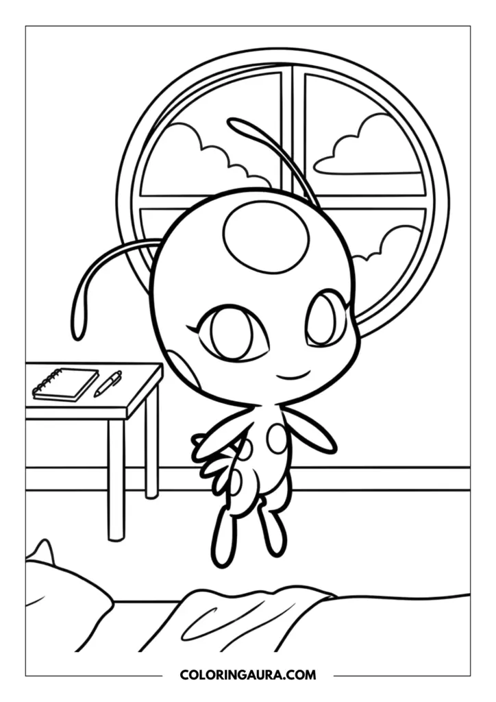 Outline of Tikki the Kwami floating in a bedroom, featuring a desk with a notebook and a beautiful circular window overlooking soft clouds.