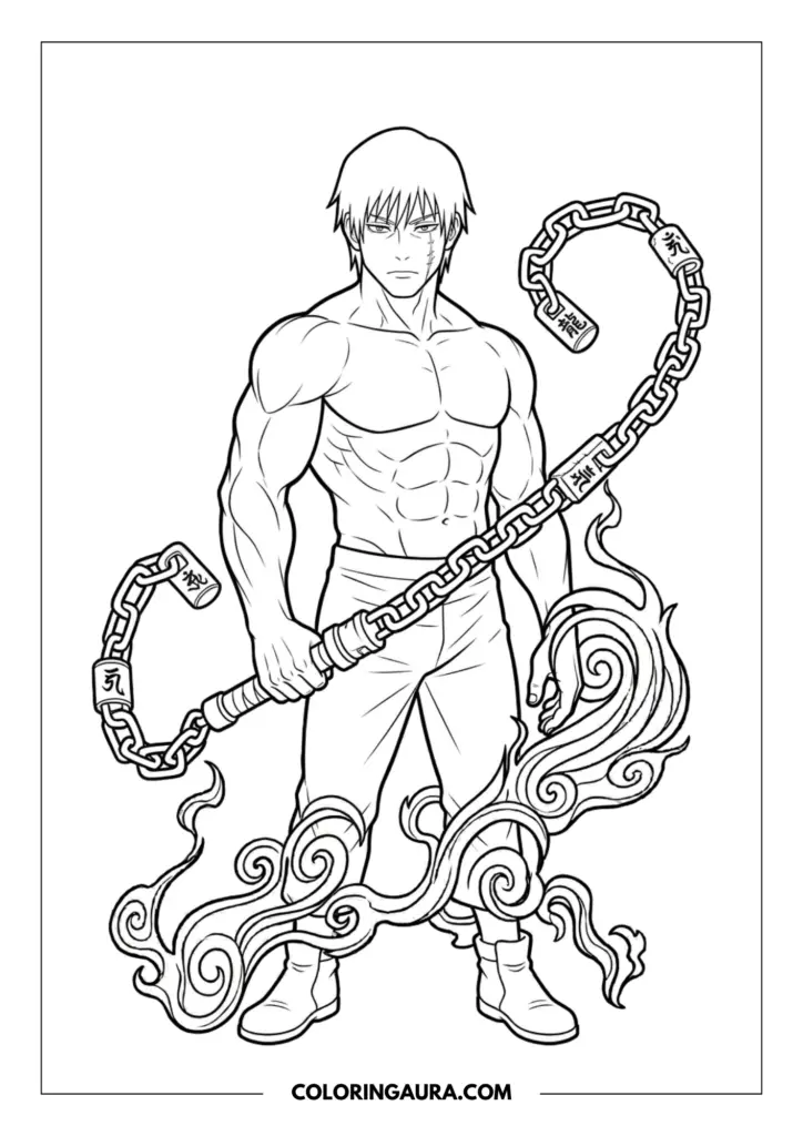 Outline of Toji Fushiguro showing his muscular physique, holding a long chain cursed tool with decorative symbols, surrounded by a mist of energy.