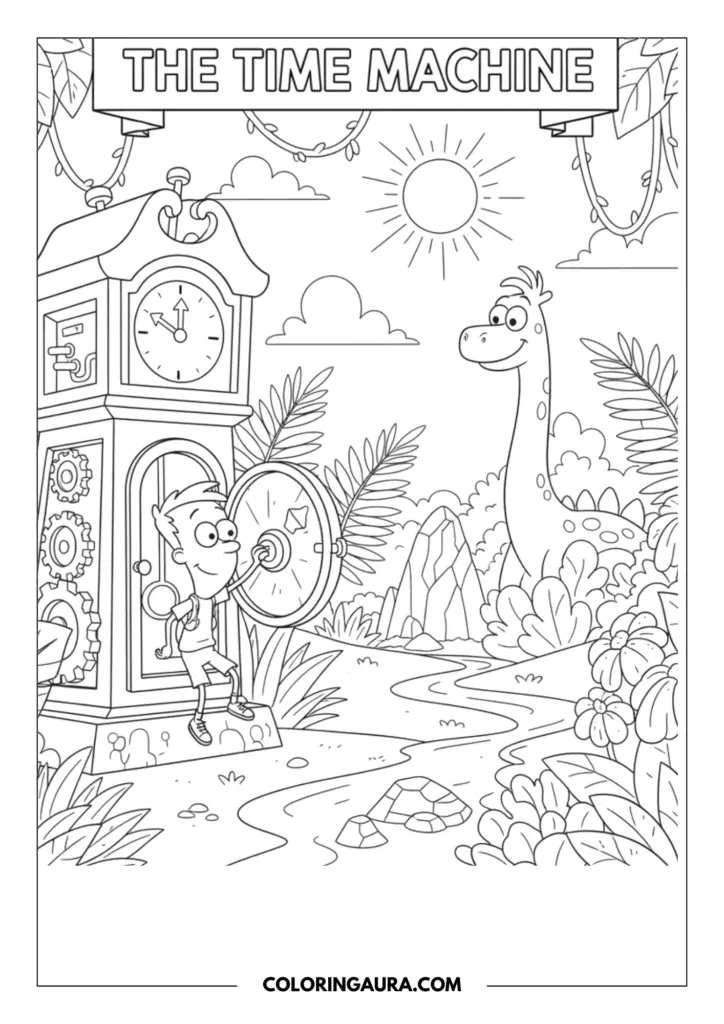 Line art coloring page showing a curious boy stepping out of a magical grandfather clock time machine into a prehistoric jungle, greeting a friendly long-necked dinosaur under the warm sun.