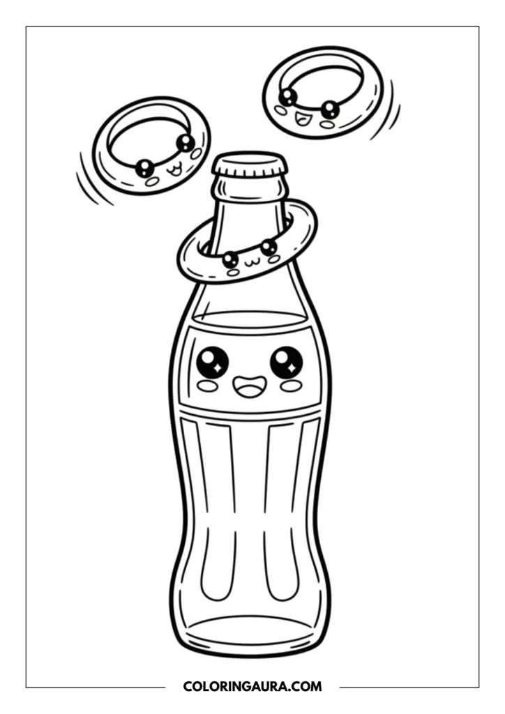 Line art coloring page showing a cute kawaii glass soda bottle playing a joyful game of ring toss with two happy onion rings. The bottle has a sweet smile and big sparkling eyes, while the flying rings feature their own cheerful, expressive little faces. Clean black and white outlines.