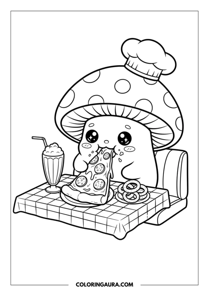 Line art coloring page showing a cute mushroom character with big sparkle eyes wearing a tiny chef's hat, happily eating a giant slice of pepperoni pizza at a diner table with a tall milkshake and a plate of onion rings.