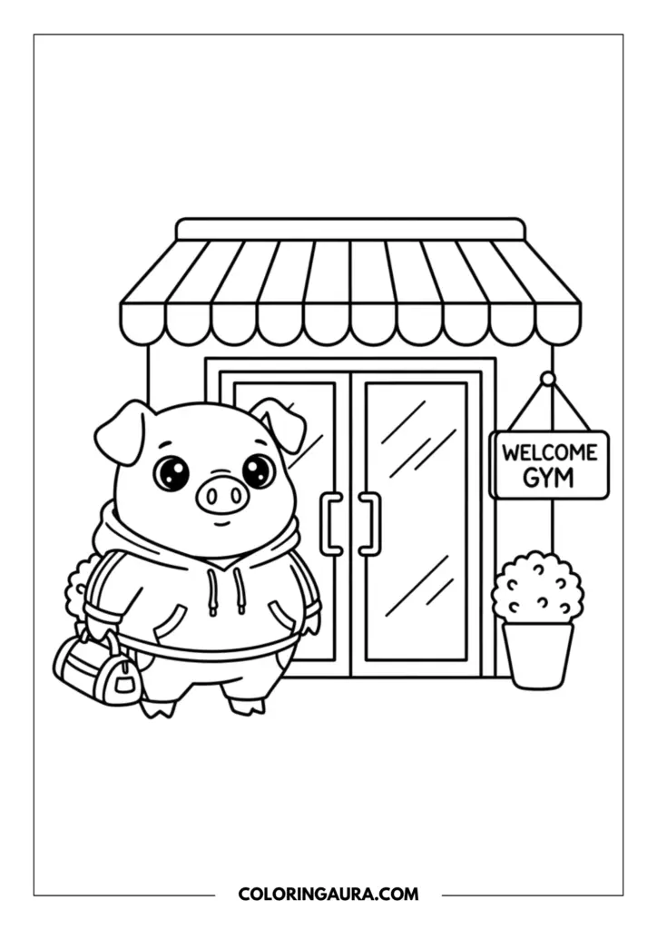Line art coloring page showing a motivated cartoon pig smiling brightly outside a gym building while holding a sports bag. The happy pig is wearing a cozy hoodie, standing near a "WELCOME GYM" sign, a parked bicycle, an elegant streetlamp, and fluffy clouds.