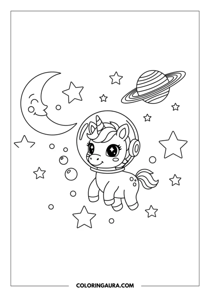 Line art coloring page showing a sweet baby unicorn with big sparkly eyes wearing a clear astronaut helmet and floating in outer space. The cosmic background includes a smiling crescent moon, a ringed planet, and bright stars in simple black outlines.