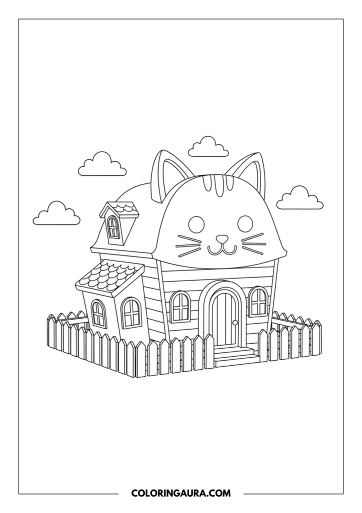 Line art coloring page showing the magical, cat-shaped Dollhouse from Gabby's Dollhouse. The beautifully outlined home features cute cat ears on the roof, whisker details on the front, a lovely arched door, a simple picket fence, and fluffy clouds floating in the sky above.