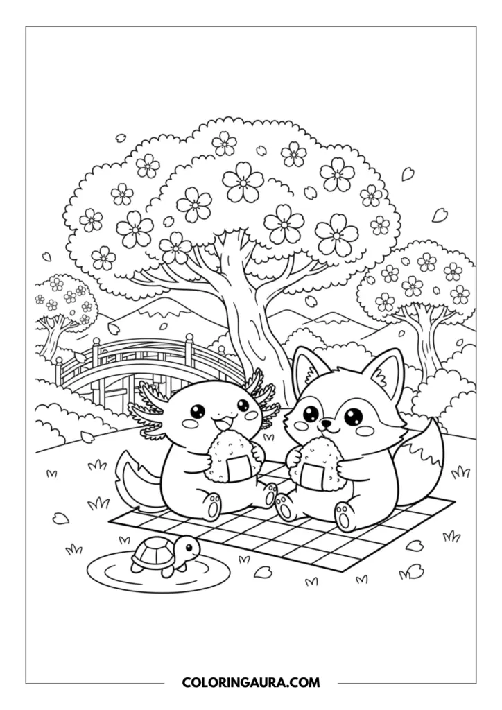 Line art coloring page showing a cute axolotl and a chubby little fox sitting on a plaid picnic blanket, happily eating giant onigiri rice balls. A tiny turtle rests by a small puddle beside them. The serene background is filled with a large cherry blossom tree with bold blooming flowers, falling petals, a curved wooden bridge, and distant mountains. Clean, thick outlines in a simple kawaii style.