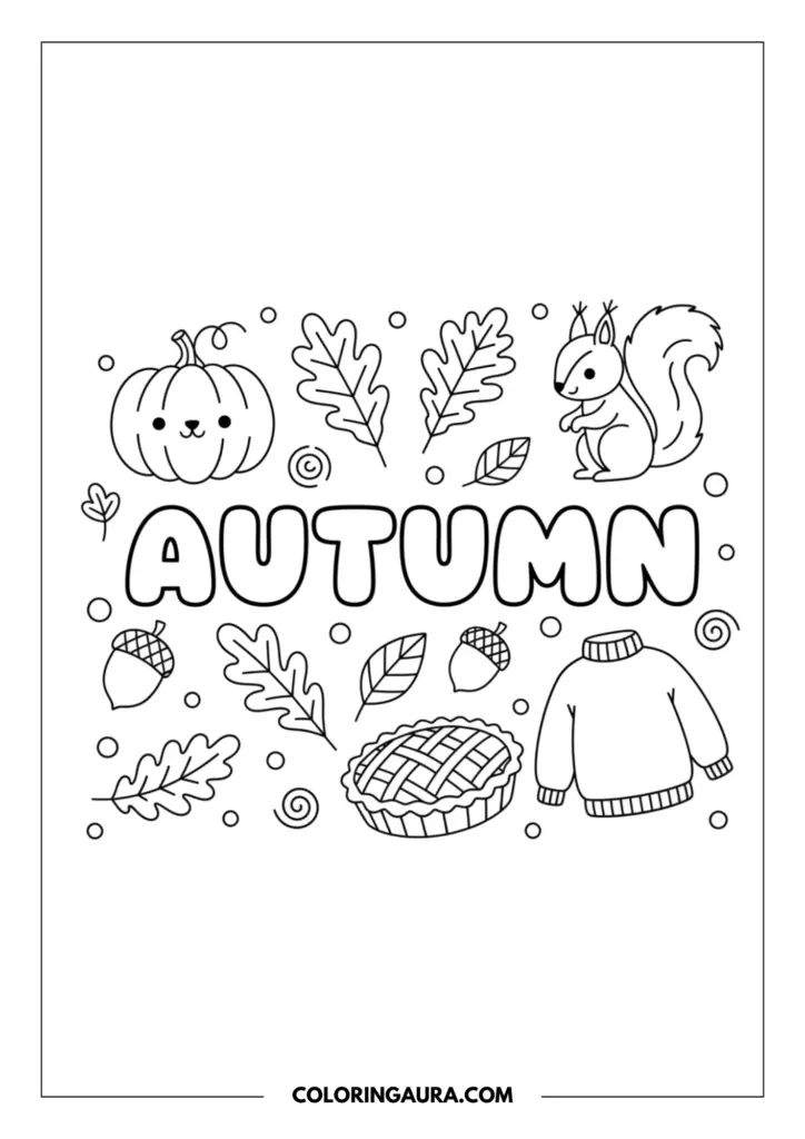 Outline of a cozy autumn doodle collage. The word "AUTUMN" is centered in chunky bubble letters, surrounded by cute line art of a smiling pumpkin, falling oak leaves, a sweet squirrel, scattered acorns, a delicious pie, and a warm, cozy sweater.