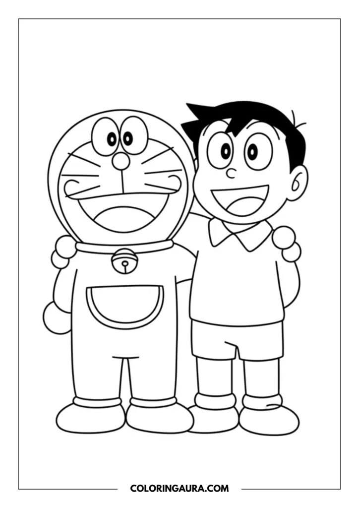 Line art coloring page showing Doraemon and his dear friend Nobita standing happily side-by-side. They have their arms warmly wrapped around each other's shoulders with bright, joyful smiles. Clean black-and-white outlines, no shading, simple vector style perfect for kids.