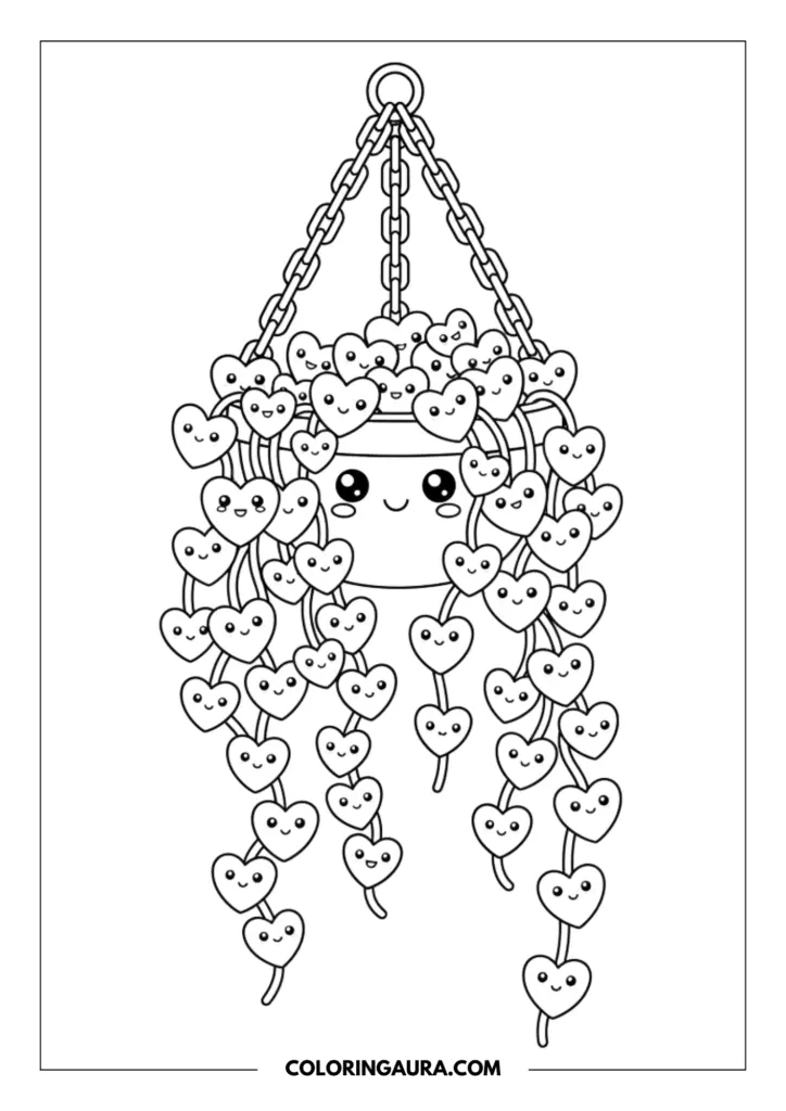 Outline of a kawaii hanging planter with a sweet face and long trailing vines. The vines are covered in dozens of small, heart-shaped leaves, each featuring its own tiny smiling face.