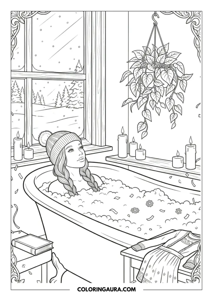 Outline of a girl wearing a beanie while relaxing in a bubble bath surrounded by glowing candles, confetti, and a hanging plant with a snowy forest view.