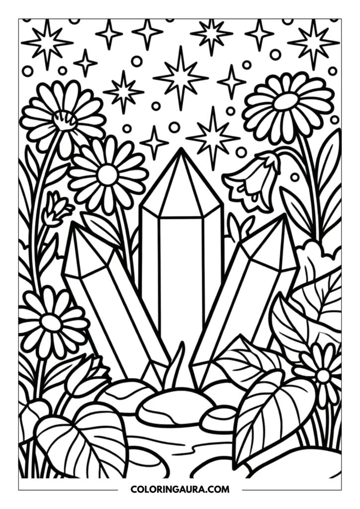 Line art coloring page showing three large crystal points nestled among daisies and leafy plants with bold stars and sparkles in the background.