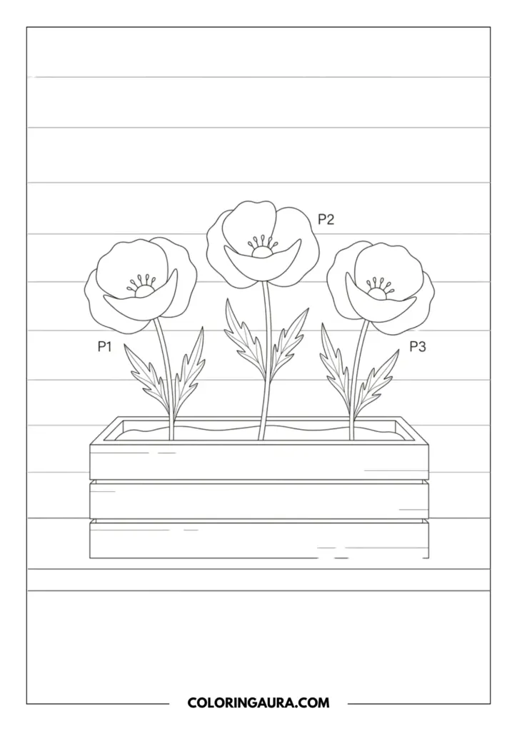 Outline of three delicate poppies with jagged leaves planted in a simple wooden window box, set against the horizontal siding of a house wall.
