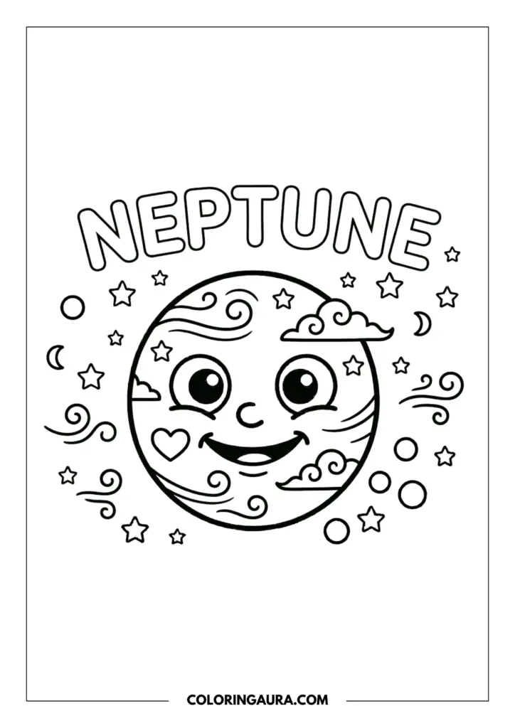 Outline of the planet Neptune with dreamy windy swirl patterns, fluffy clouds, a happy expression, and a small heart among floating stars.