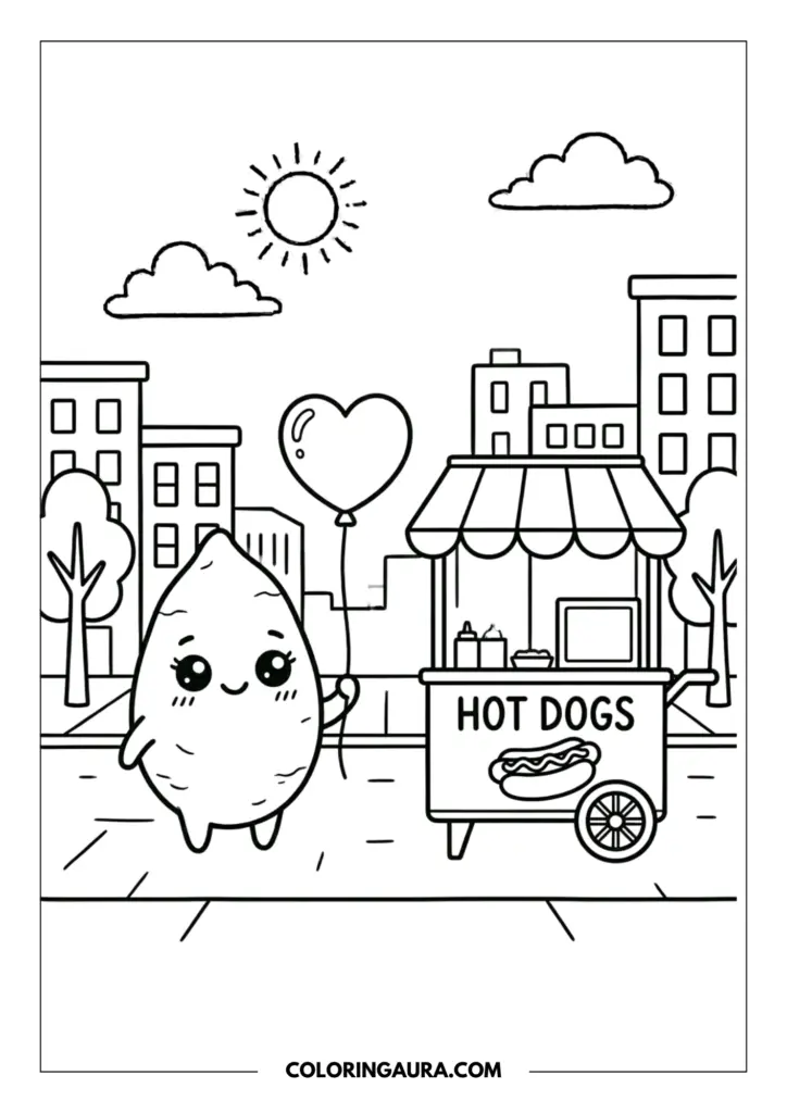 Line art coloring page showing a cute sweet potato with big sparkly kawaii eyes, holding a heart-shaped balloon, standing next to a hot dog stand on a city street. Buildings, trees, a sun, and clouds are in the background.