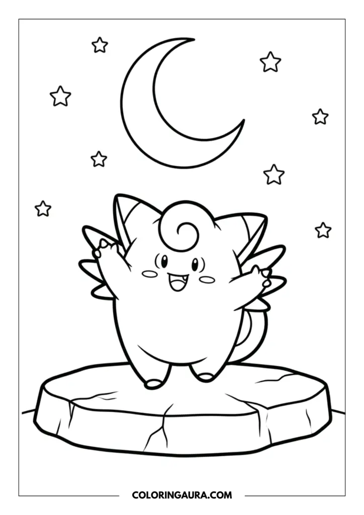 Outline of Clefairy standing playfully on a large rock pedestal under a big crescent moon and a sky filled with twinkling stars.