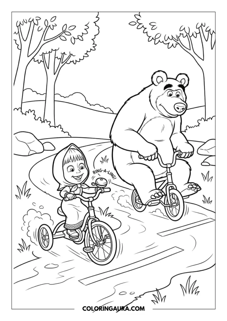 Line art coloring page showing Masha riding a tricycle with a bell and the Bear riding a small bicycle on a forest path. Dust clouds and trees create a sense of movement.