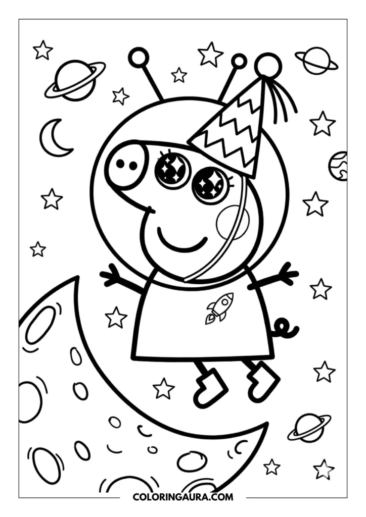 Line art coloring page showing Peppa Pig in an astronaut suit and party hat floating through space near a crescent moon, stars, and distant planets.