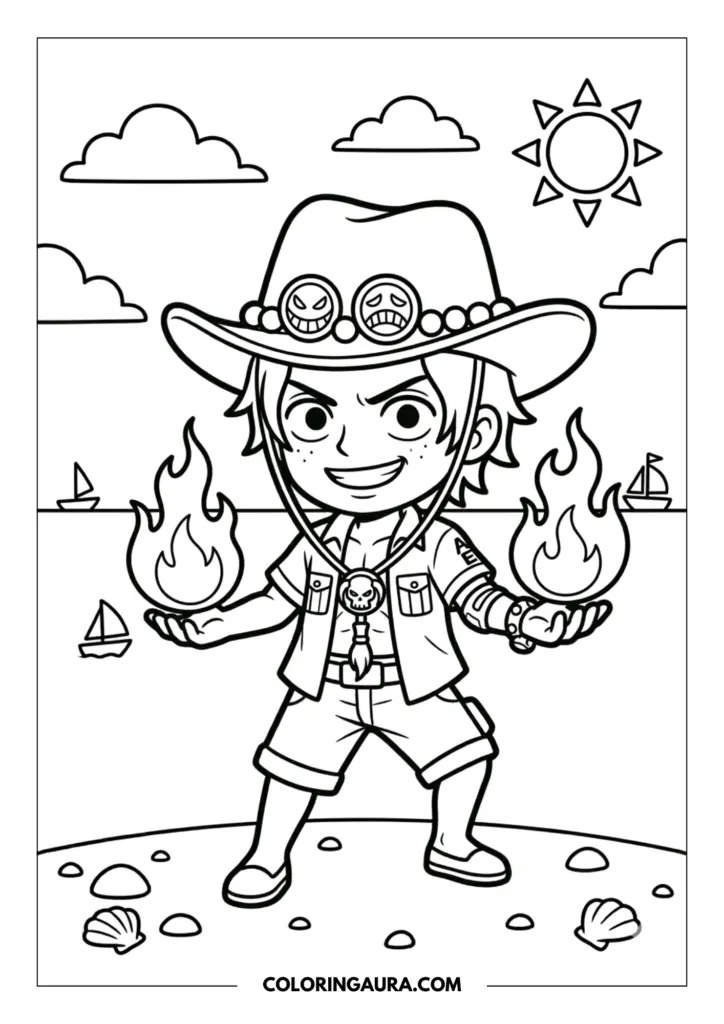 Outline of chibi Portgas D. Ace wearing his signature hat, holding flames in both hands while standing on a beach under a bright sun.