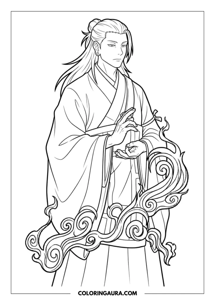 Outline of Suguru Geto in traditional monk robes with long hair half-tied up, his hands performing a curse manipulation gesture amidst swirling energy.