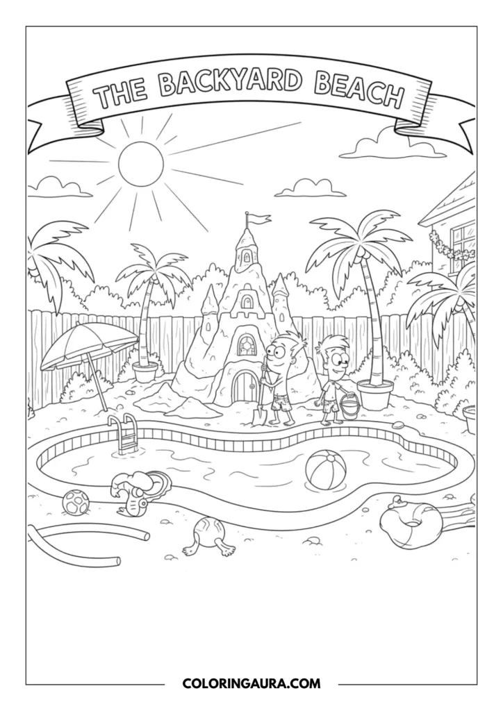 Outline of two creative brothers building a magnificent sandcastle at a beautiful backyard beach, complete with palm trees, a swimming pool, beach balls, and a dreamy shining sun.