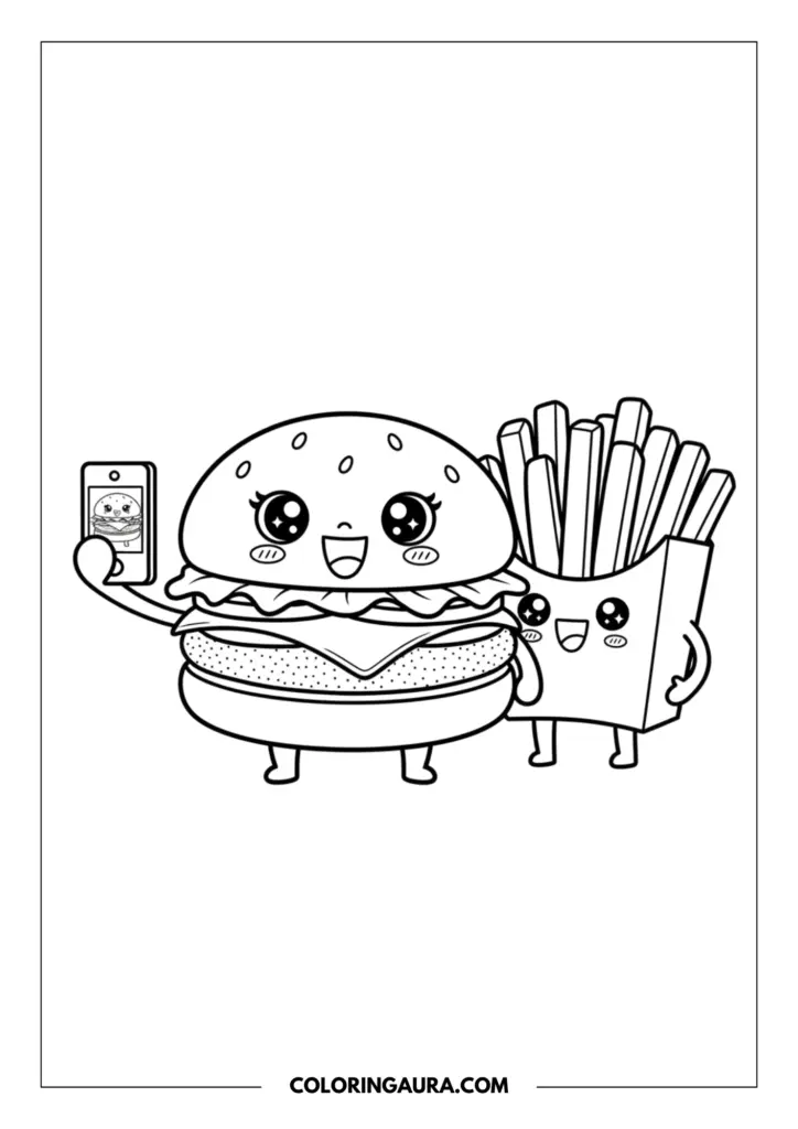 Line art coloring page showing a kawaii burger holding a tiny smartphone to take a selfie with its friend, a happy box of french fries. Both feature adorable, sparkling anime-style eyes, sweet smiles, and a charming cartoon style.