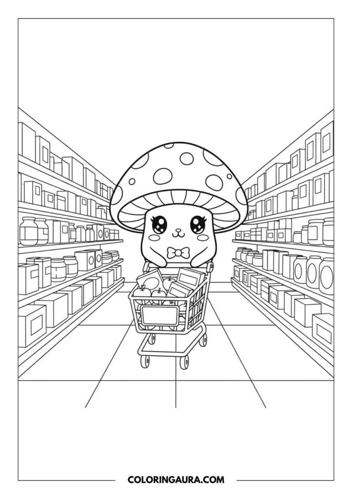 Outline of a cute mushroom character with big sparkle eyes and a little bow tie pushing a shopping cart full of boxes and apples down a long, perfectly lined supermarket aisle.