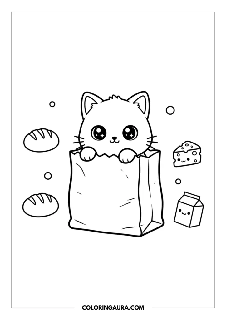 Outline of an adorable kitten hiding inside a paper grocery bag. Floating around the kitten are simple drawings of bread loaves, a smiling slice of cheese, and a cute little milk carton with a face, all in a clean and easy-to-color style.