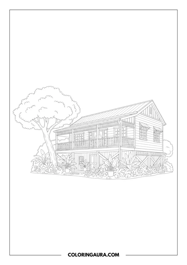 Line art coloring page showing the beautiful exterior of the Heeler family house. The dreamy, stilted tropical home features a wide veranda, a large leafy tree, and lush potted plants in a clean, unshaded architectural style perfect for a peaceful coloring session.