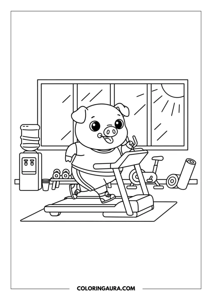 Line art coloring page showing an active cartoon pig running enthusiastically on a treadmill in a sunny gym. The energetic pig is wearing sporty clothes, with a water cooler, a rack of dumbbells, a stationary bike, and a large bright window in the background.