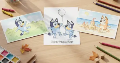 Line art coloring page showing Bluey and Bingo joyfully playing a game of keepy-uppy. The clean outline features the two dog sisters in their classic cartoon style, reaching up toward a round floating balloon, with the words "Keep-Uppy Day" below them.